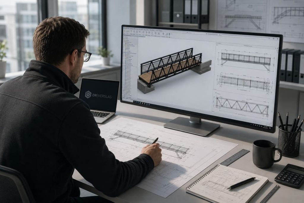 Ingeniør som gjennomgår en 3D-modell av en aluminiumsbru og konstruksjonstegninger på skjermen