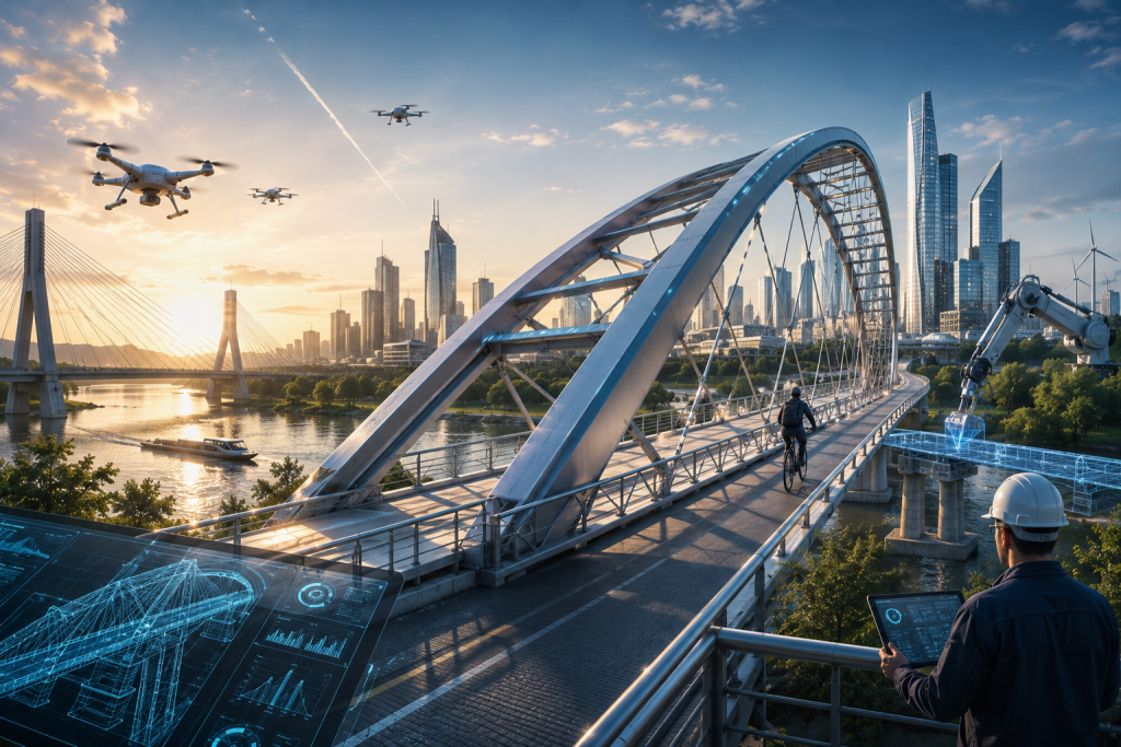 Illustration of a modern aluminium arch bridge in a city with survey drones and BIM data overlay