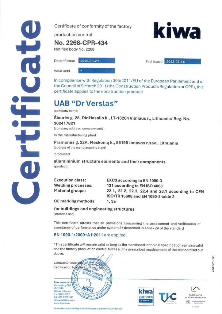 Kiwan sertifikaatti 2268-CPR-434: alumiinirakenteiden toteutusluokka EXC3 standardin EN 1090-3 mukaan
