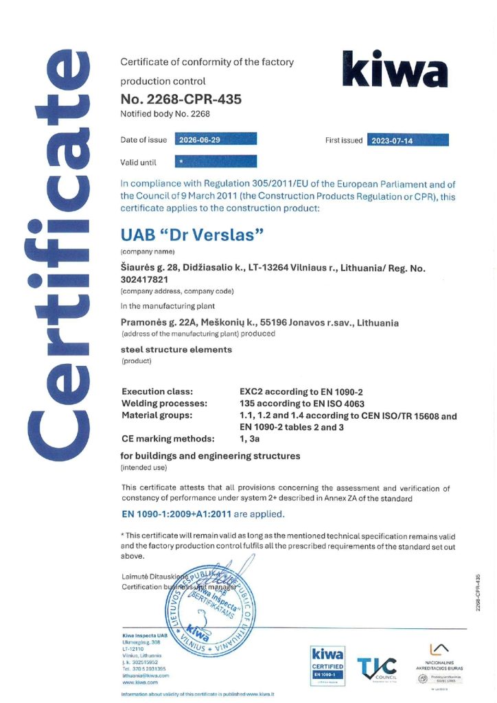 Kiwan sertifikaatti 2268-CPR-435: teräsrakenteiden toteutusluokka EXC2 standardin EN 1090-2 mukaan