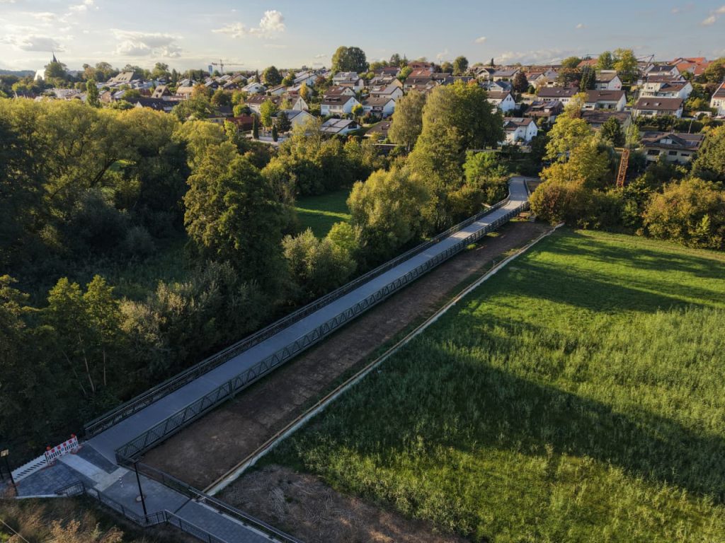Aerial view of the 116.6 m aluminium foot and cycle bridge over the Leinbach in Schwaigern