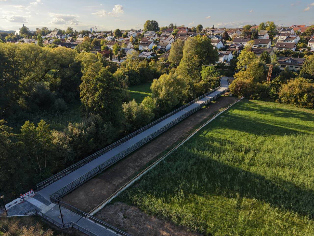 Aerial view of the 116.6 m aluminium foot and cycle bridge over the Leinbach in Schwaigern